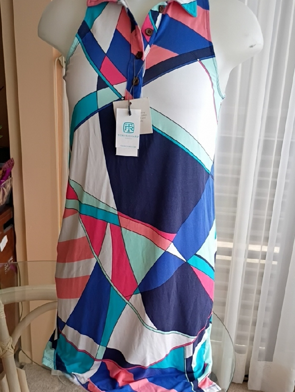 Tori Richard Navy, Teal & Coral Geometric Print Dress